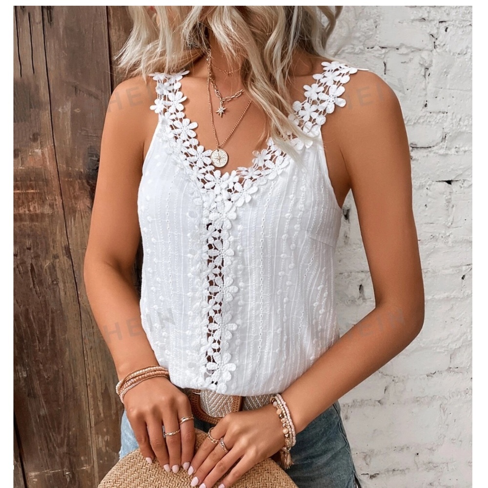 Women’s Tank Top White Lace Summer Shirt Eyelet Embroidered Tank Top #125 - Picture 6 of 7